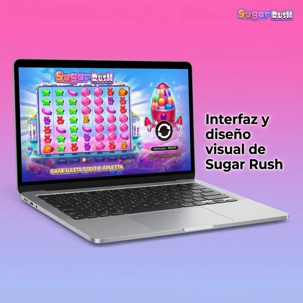 Interfaz colorida de Sugar Rush con cuadrícula 7x7, controles de apuesta y botones de giro automático e historial