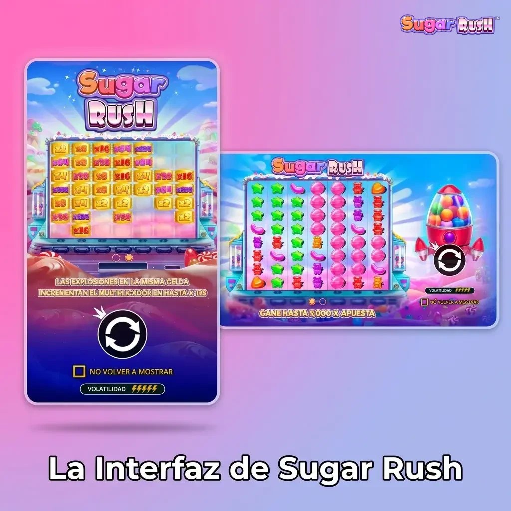 Interfaz de Sugar Rush con cuadrícula 7x7, diseño vibrante de dulces y controles de apuesta en la parte inferior