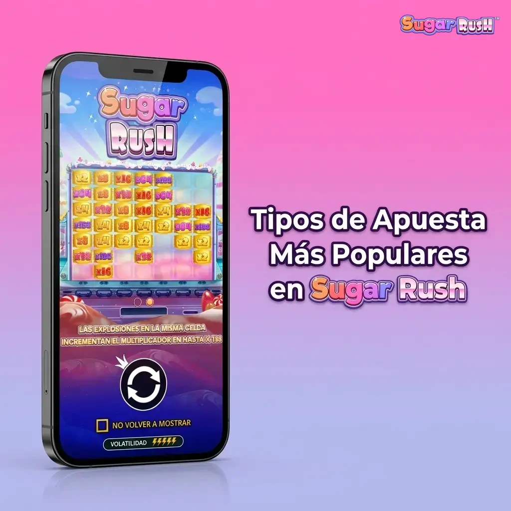Tipos de apuesta en Sugar Rush: desde 400 hasta 200.000 COP, apuesta automática y compra de bonus disponibles.